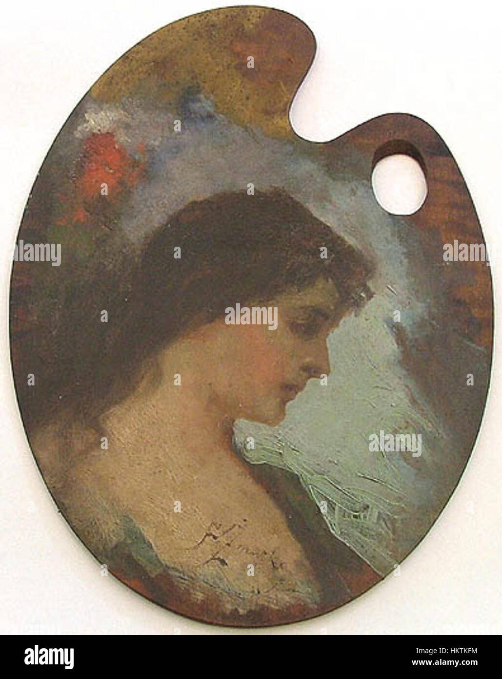 *Portret młodej kobiety na palecie* (Portrait d’une jeune femme sur une palette) de Franciszek Zmurko est un portrait saisissant qui démontre l’habileté exceptionnelle de Zmurko à capturer les expressions subtiles et les traits délicats de son sujet. La palette de la composition ajoute un élément artistique au portrait, soulignant le lien du sujet avec le monde de la peinture. Banque D'Images