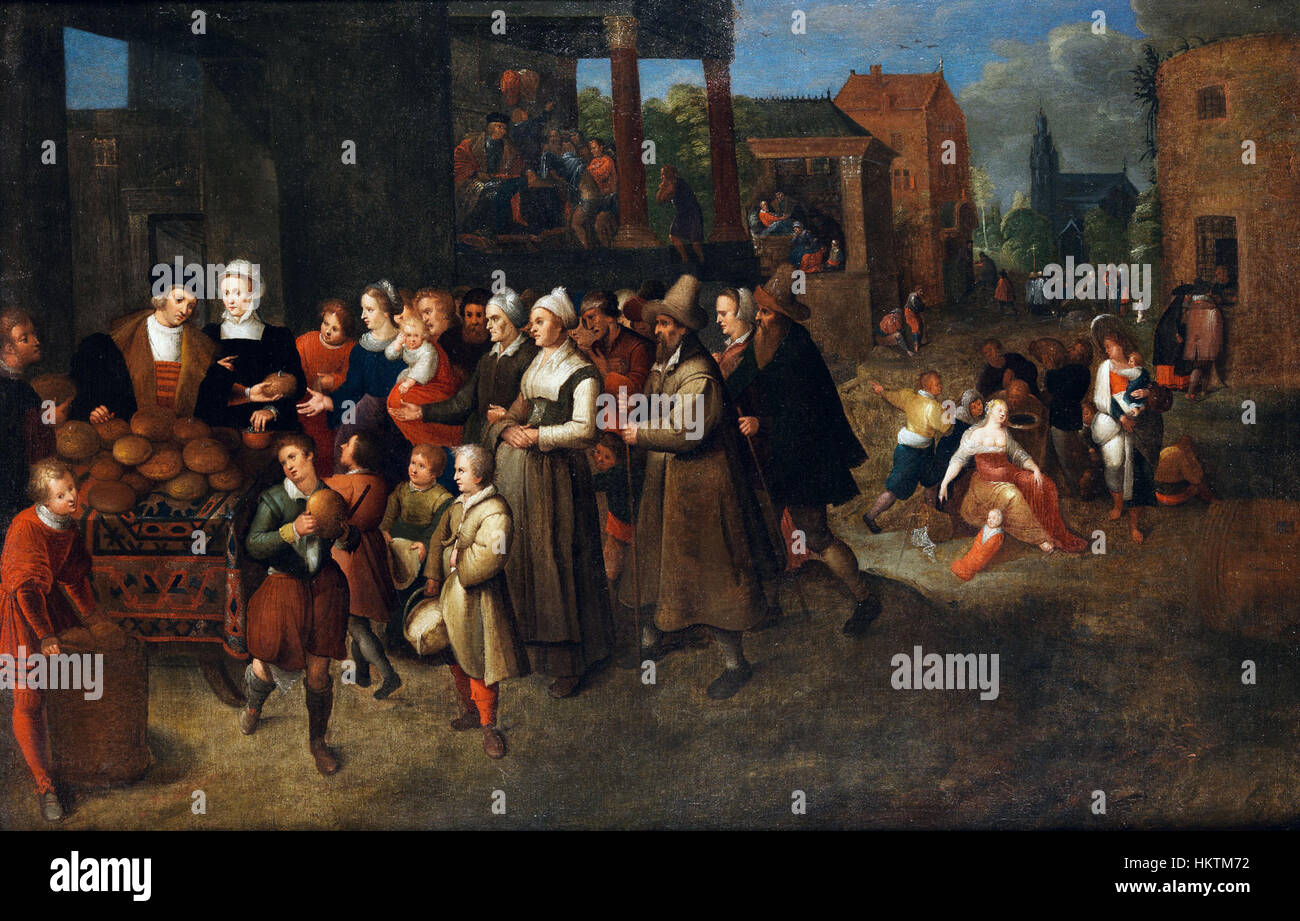 Frans Francken DJ (cercle) a créé le tableau 'Sieben Werke der Barmherzigkeit' ('sept œuvres de miséricorde'), représentant les sept actes de miséricorde catholiques. L'œuvre présente des scènes vives représentant la charité et la compassion dans la vie quotidienne, dessinées dans le style du baroque flamand. Banque D'Images