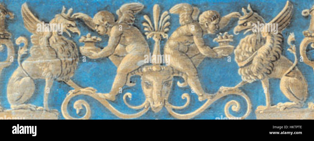 Cette œuvre, intitulée 'Fregio con putti e grifi dalla pala Baglioni', présente une frise avec des chérubins et des griffins, dérivée d'un retable plus grand de l'artiste italien Raphaël. Il est logé dans la Galerie nationale de l'Ombrie, présentant l'iconographie religieuse de la Renaissance avec des éléments de symbolisme mythologique. Banque D'Images