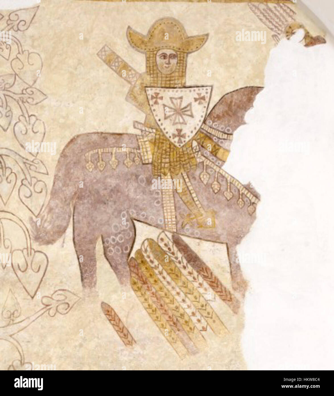 Cette peinture, intitulée 'Freska Viteza v Trnovcu', représente un chevalier dans une scène médiévale saisissante. L'œuvre détaillée capture les thèmes chevaleresques de l'époque, avec le chevalier représenté dans un moment d'héroïsme ou de devoir, typique de l'historique européen Banque D'Images