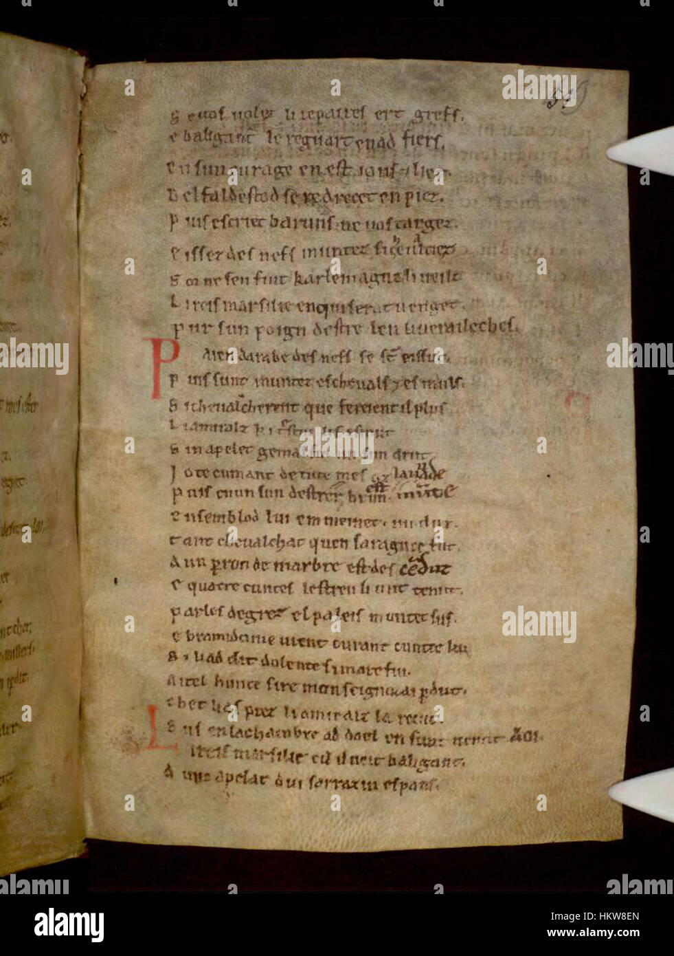 'La chanson de Roland' est un poème épique du XIe siècle, et cette page manuscrite des bibliothèques Bodleian présente une partie clé du texte. Il reflète le rôle de la littérature médiévale dans la préservation des légendes héroïques et de l'histoire culturelle. Banque D'Images