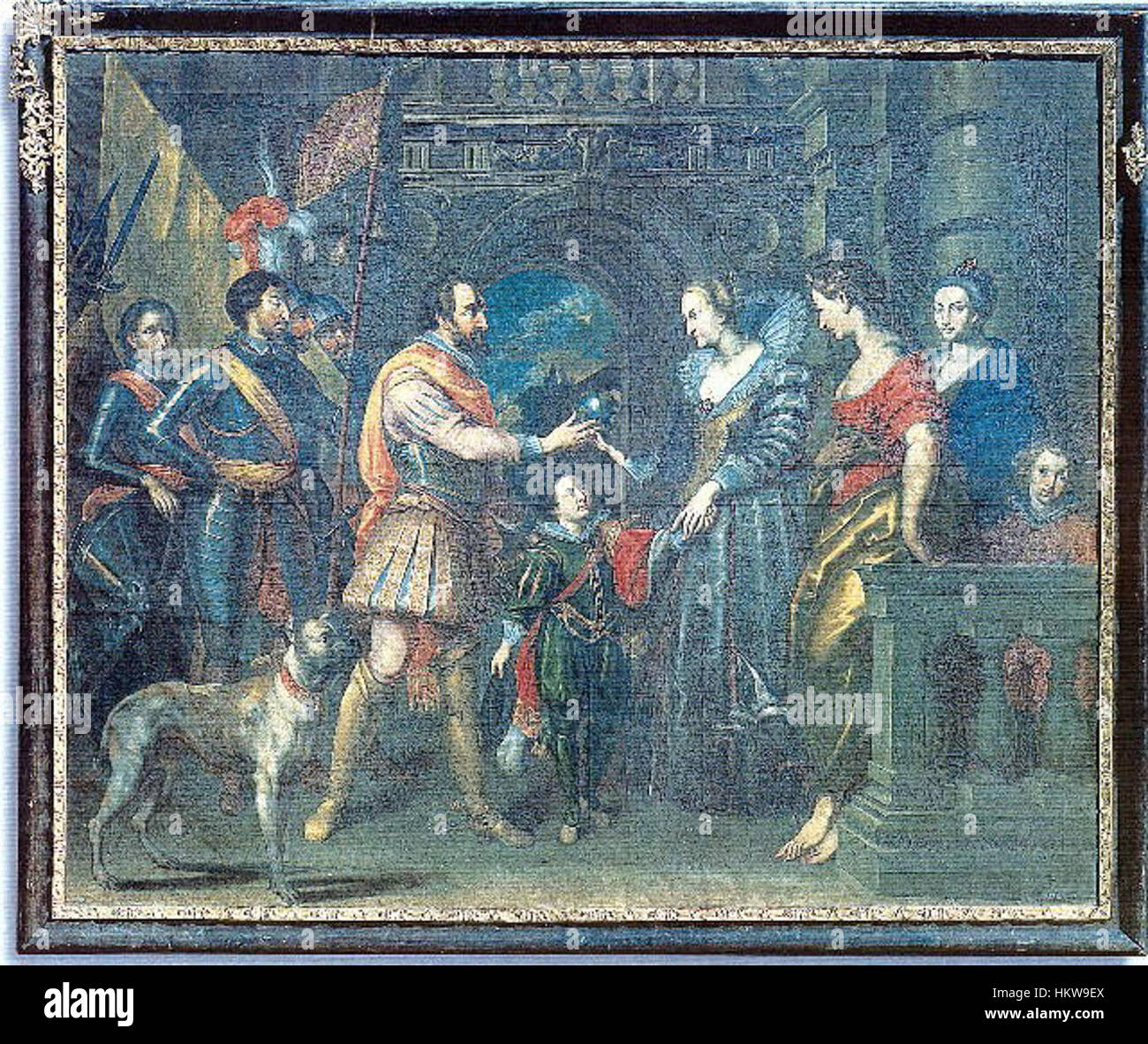 Cette œuvre d'art historique met en scène Heinrich IV de France et Maria Médicis, représentant un moment royal entre les deux personnages. Le tableau reflète la vie de la cour européenne du XVIe siècle et la diplomatie royale. Banque D'Images