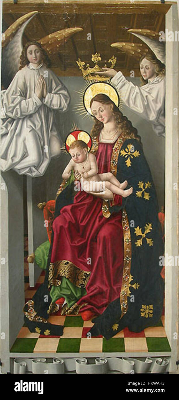 Dans cette peinture religieuse, Gallego représente la Vierge Marie tenant le Christ enfant avec un perroquet perché à proximité. La présence du perroquet ajoute une touche inhabituelle à la scène sacrée, renforçant sa signification symbolique d'innocence et de pureté. Banque D'Images