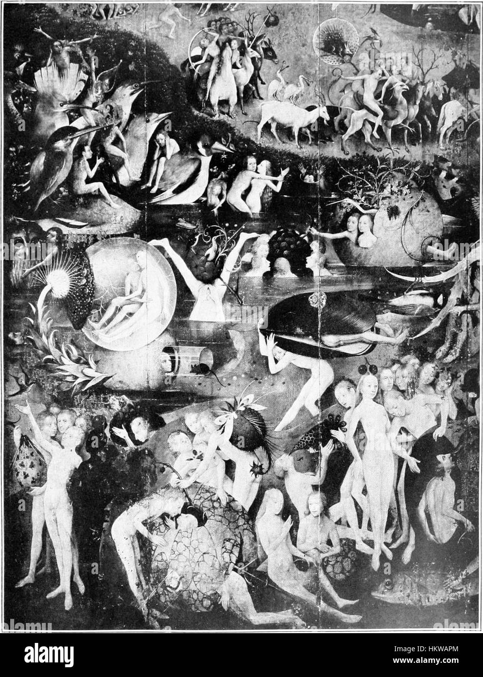 Le « jardin des délices terrestres » de Hieronymus Bosch est un chef-d’œuvre d’images surréalistes et fantastiques. Cette peinture néerlandaise du début détaille de façon complexe un paradis plein de créatures étranges, de personnes et de signification symbolique, qui contraste avec les représentations plus sombres sur le panneau de droite. Banque D'Images