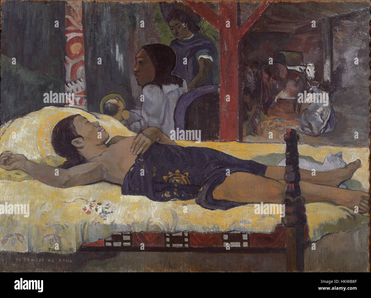 'Te Tamari no Atua' (fils de Dieu) de Paul Gauguin est un tableau célèbre créé en 1896. L'œuvre reflète l'exploration de Gauguin de la culture tahitienne et du christianisme, mêlant images symboliques et couleurs vives. Banque D'Images