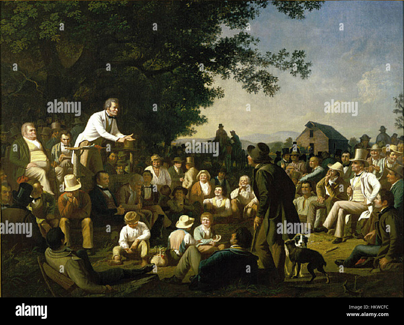Une peinture de George Caleb Bingham intitulée 'Stump Speaking', représentant un discours politique dans un cadre rural américain. La pièce capture l'atmosphère culturelle et politique du 19ème siècle en Amérique. Banque D'Images