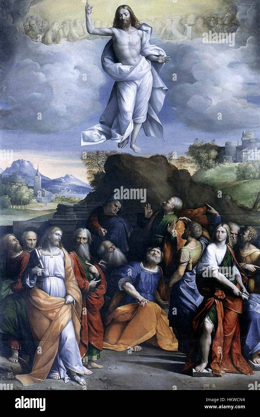 La peinture de Benvenuto Tisi da Garofalo, « Ascension du Christ », capture un moment religieux avec une composition saisissante et des couleurs vives. L'œuvre reflète la maîtrise de l'artiste dans l'art de la Renaissance, mettant en valeur l'ascension du Christ au ciel telle que représentée dans l'iconographie chrétienne. Banque D'Images
