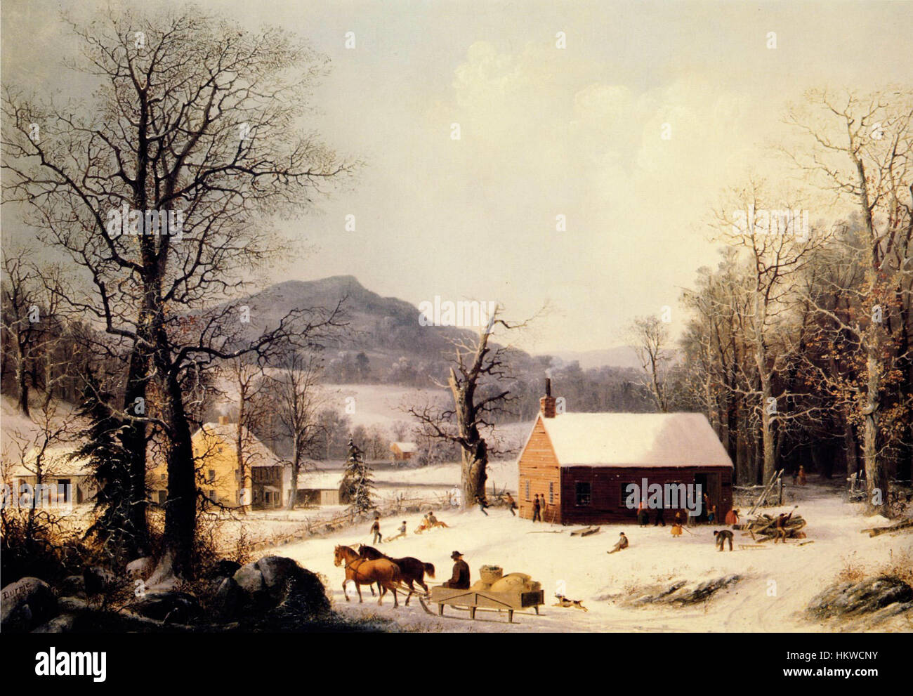 'Red School House, Winter' de George Henry Durrie dépeint une scène hivernale dans un cadre rural américain, capturant la simplicité et le charme de la vie du XIXe siècle. La peinture met en valeur une école enneigée, évoquant la nostalgie du passé de l'Amérique et de ses paysages ruraux en hiver. Banque D'Images