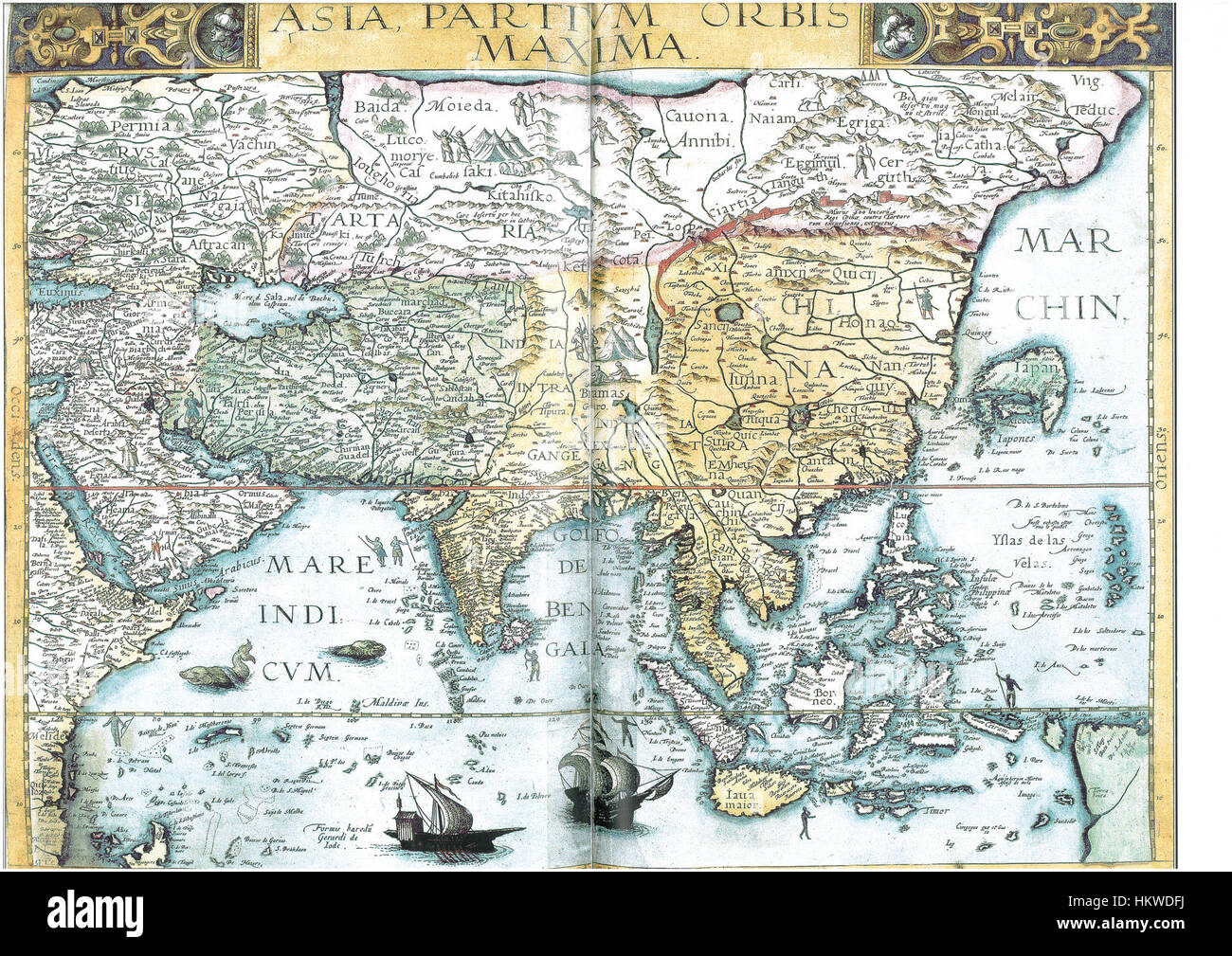 La carte 'Asia Partum Orbis Maxima' de Gerard de Jode en 1593 est une représentation détaillée de l'Asie, créée à l'époque des grandes découvertes, reflétant les connaissances et les styles cartographiques de la fin du XVIe siècle. Banque D'Images