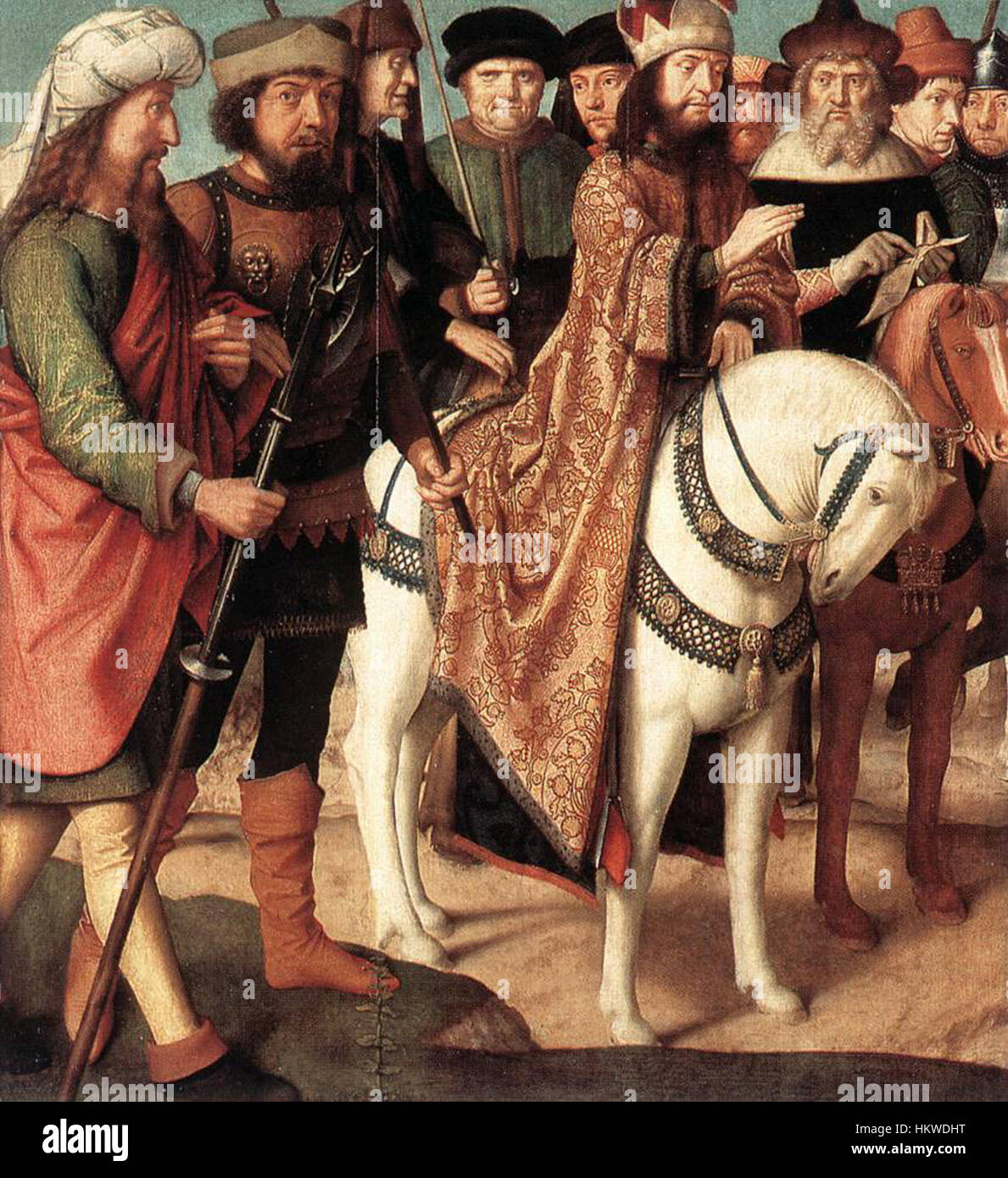 La dispute de Pilate avec le Grand prêtre de Gérard David dépeint une scène biblique du procès de Jésus, mettant en valeur des détails complexes de l'art religieux de la Renaissance du Nord. Banque D'Images