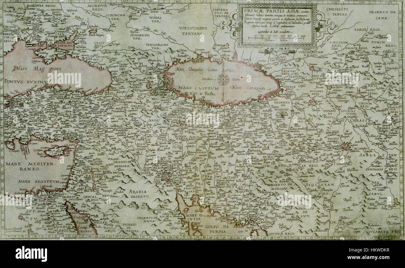 Une carte de l'Asie de 1577 par Gerard de Jode, une œuvre historique reflétant la connaissance et l'exploration européennes du continent asiatique au XVIe siècle. Banque D'Images