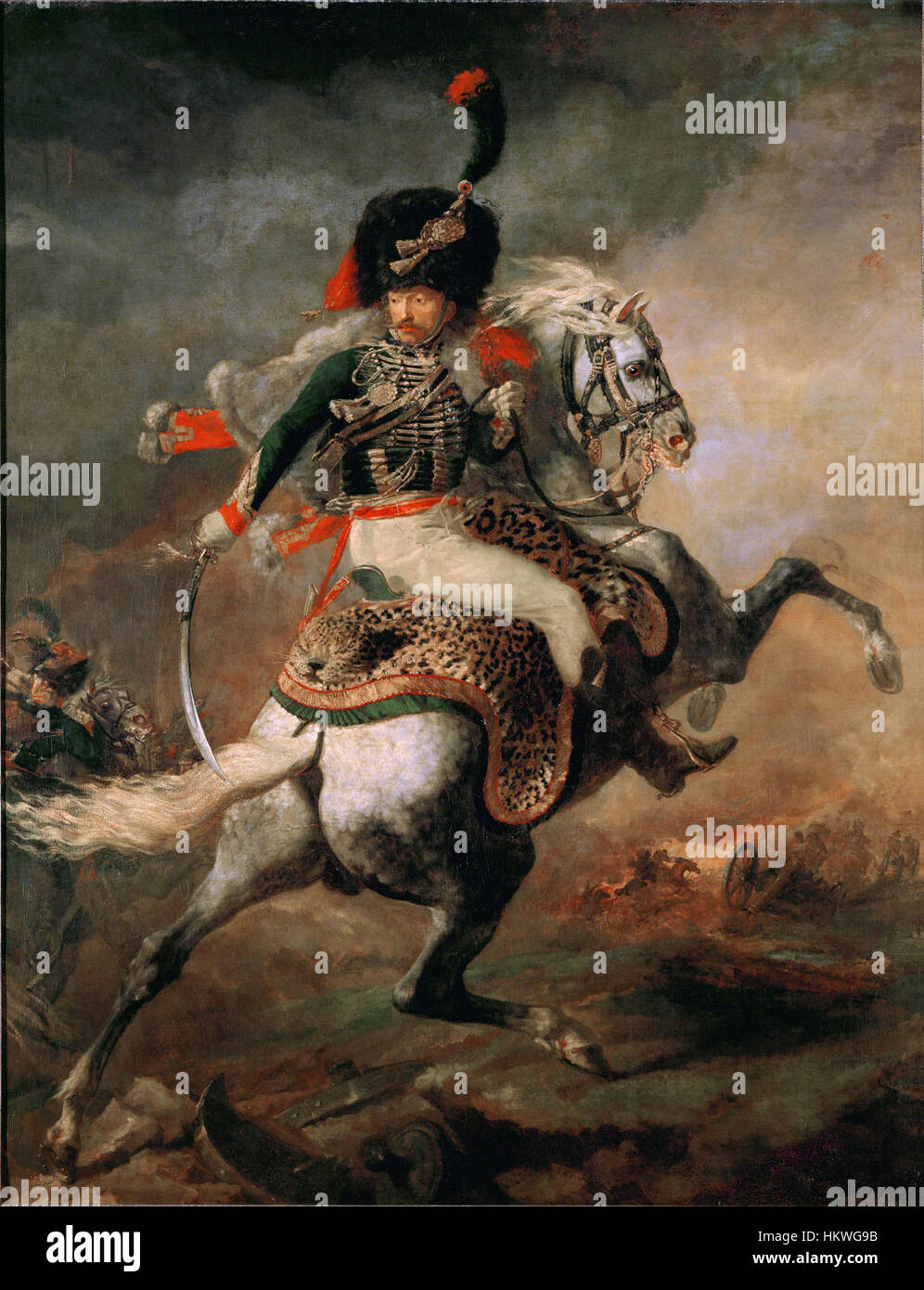 Ce tableau de Théodore Géricault, connu pour son style dramatique et émotionnel, représente un cavalier en mouvement. L'œuvre illustre la maîtrise de Géricault des formes humaines et animales, capturant l'intensité et la puissance du sujet avec beaucoup de détails. Banque D'Images
