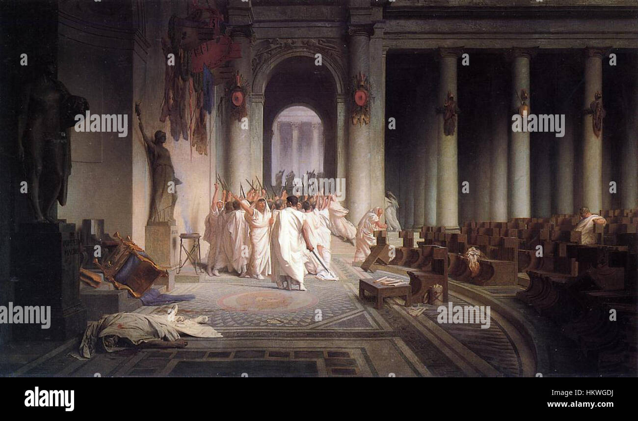 "Mort de César" de Jean-Léon Gérôme dépeint l'assassinat dramatique et historique de Jules César. Le tableau capture le moment de trahison au Sénat romain, un événement charnière dans l'histoire ancienne, connu pour sa puissante intensité émotionnelle et sa précision historique. Banque D'Images