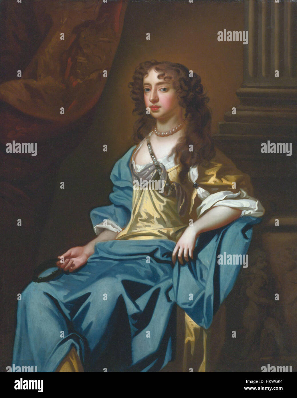 Le portrait de Gertrude, marquise d'Halifax, est attribué à l'atelier de Peter Lely. La peinture illustre le portrait baroque anglais, capturant le comportement aristocratique du sujet et sa tenue luxueuse, typique de la noblesse britannique du XVIIe siècle. Banque D'Images