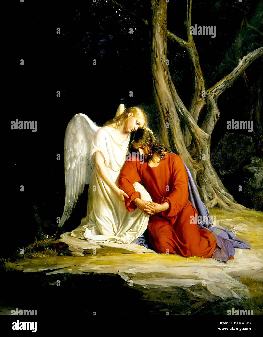 'Gethsémani' de Carl Bloch est une représentation puissante de la prière du Christ dans le jardin de Gethsémani. La peinture capture l’intensité émotionnelle de cette scène biblique, mettant en valeur l’habileté de l’artiste à dépeindre des thèmes religieux avec empathie et réalisme. Banque D'Images