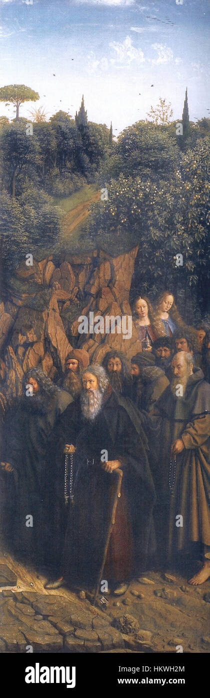Cette partie du retable de Gand, créée par Jan van Eyck, représente un groupe d'ermites. L’œuvre est un exemple notable de l’art de la Renaissance flamande, soulignant la maîtrise du détail et de la lumière par van Eyck. Banque D'Images