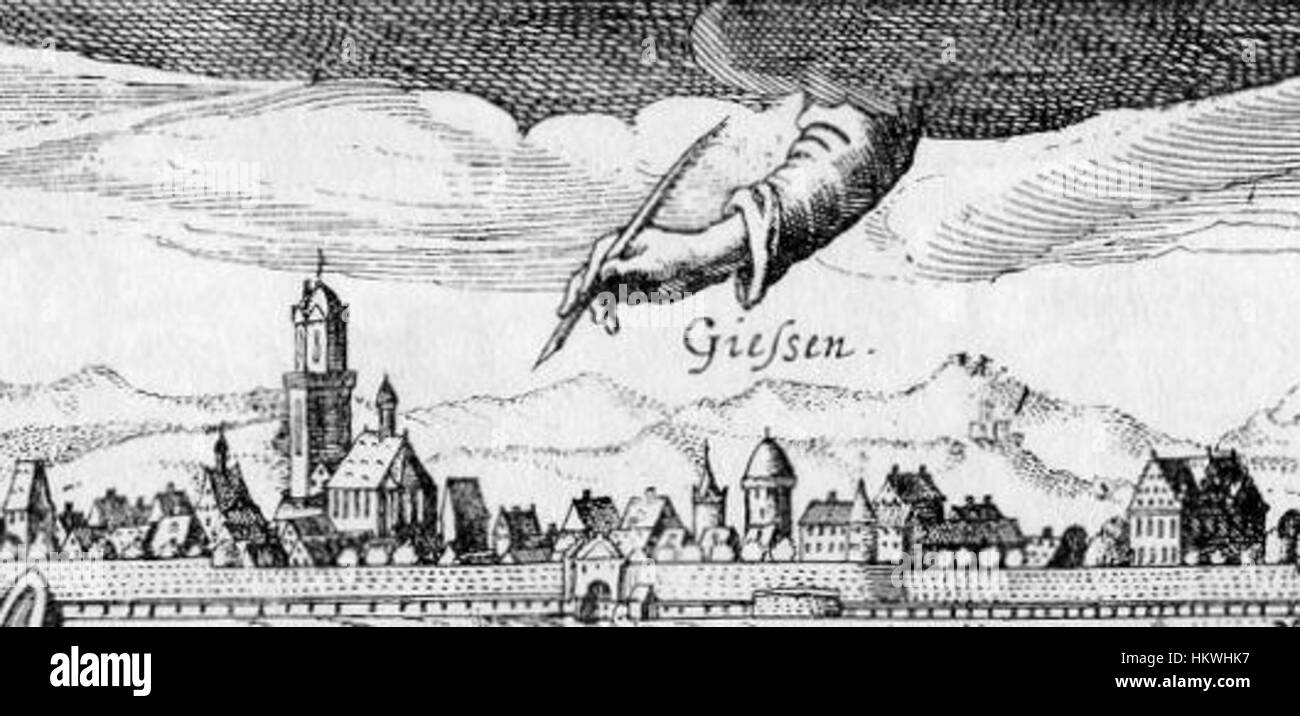 'Giessen Historic View 1623' est un rendu artistique détaillé de la ville de Giessen en Allemagne, mettant en valeur son architecture et son aménagement au début du XVIIe siècle. Cette pièce offre un aperçu historique de la conception et du contexte culturel de la ville. Banque D'Images