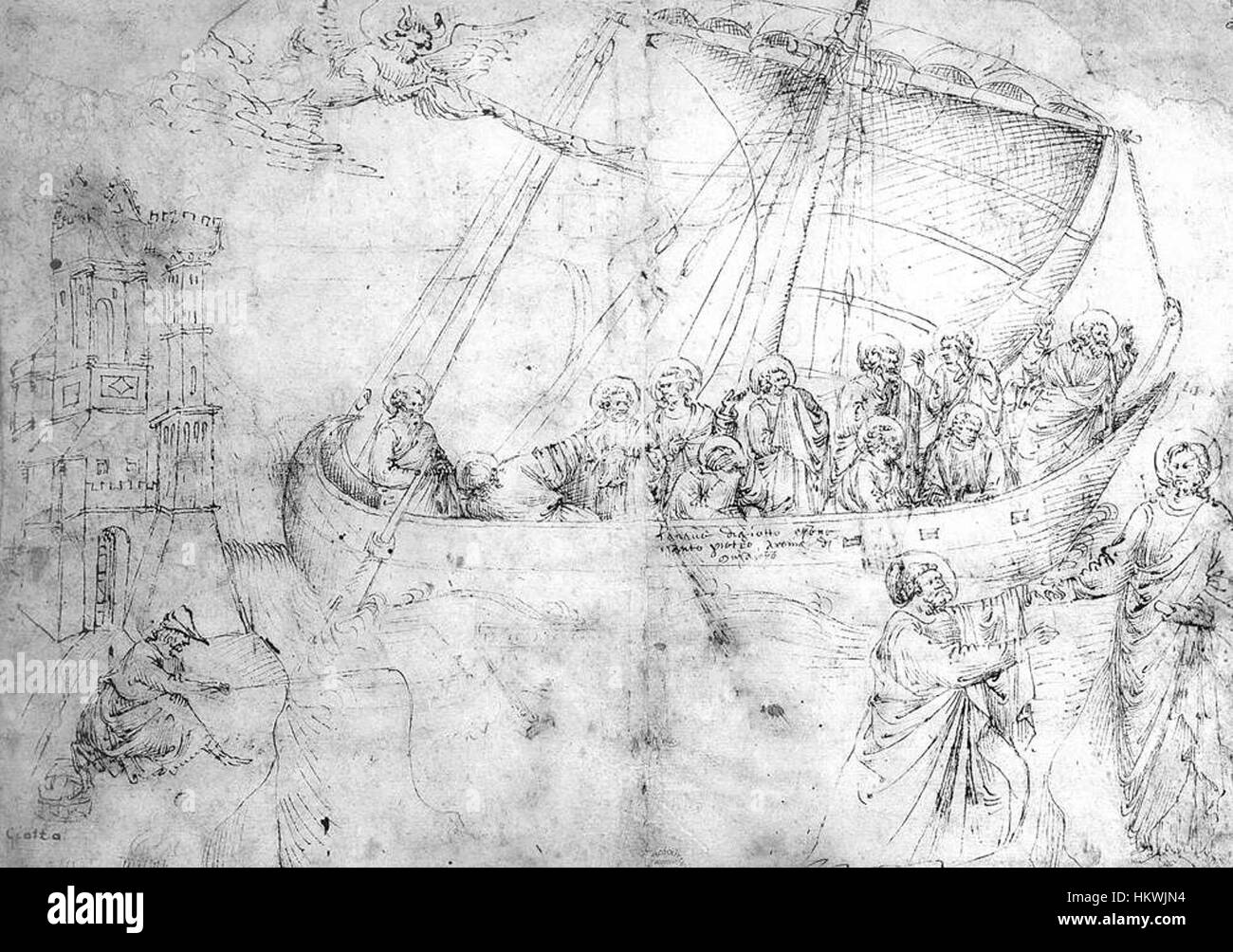 La 'Navicella' de Giotto di Bondone est une fresque créée au début du XIVe siècle. L’œuvre représente un moment clé dans la carrière de Giotto et est remarquable pour sa représentation du triomphe du Christ sur le mal. Il met en valeur son approche innovante de l’espace et de l’émotion humaine, marquant un départ du style byzantin. Banque D'Images