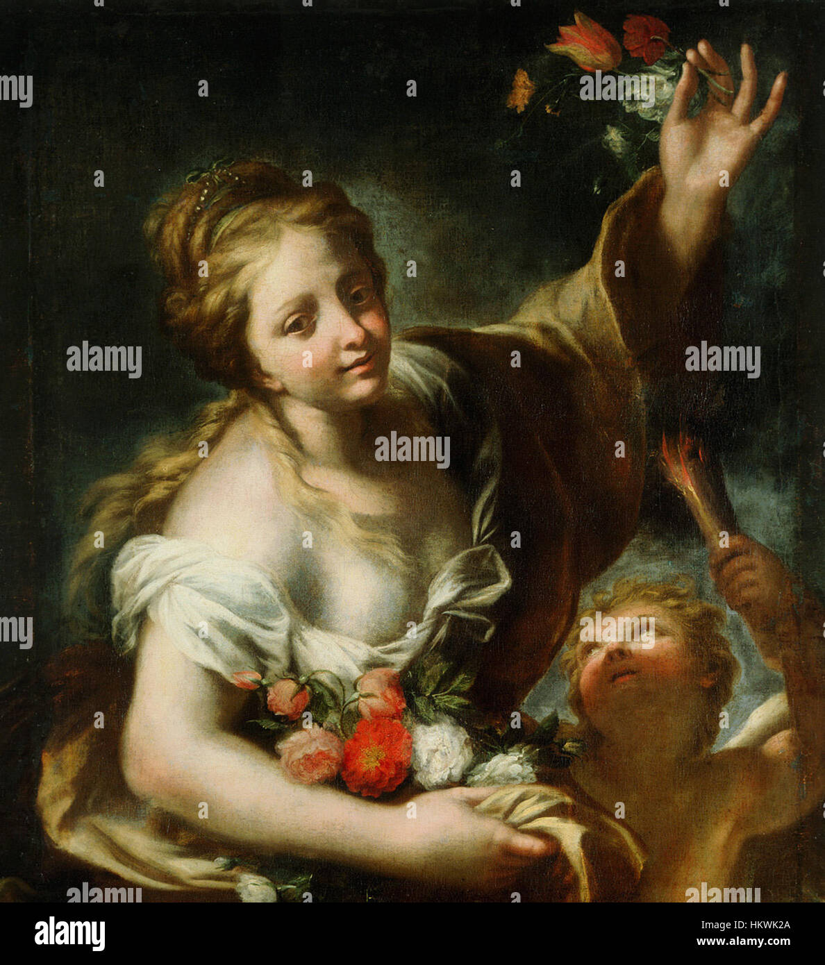 « Aurora (L'aube) » de Giovanni Andrea Carlone représente la personnification de l'aube, incarnant la transition de la nuit au matin dans une représentation vibrante et allégorique. La pièce démontre l’utilisation magistrale de la lumière et de la couleur par Carlone. Banque D'Images