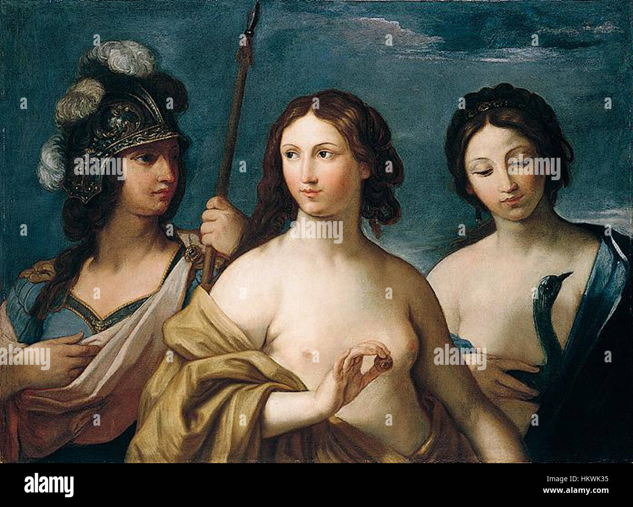 Le tableau de Giovanni Andrea Sirani « Minerve, Vénus et Junon » (1638) capture la scène mythologique du jugement de Paris. L'œuvre dépeint de manière vivante les trois déesses, chacune symbolisant différentes vertus. La technique fine et l'approche classique de Sirani sont visibles dans la composition détaillée, avec des couleurs riches et un symbolisme clair. Le tableau est un exemple clé de l'art baroque, conservé dans une collection de musée. Banque D'Images