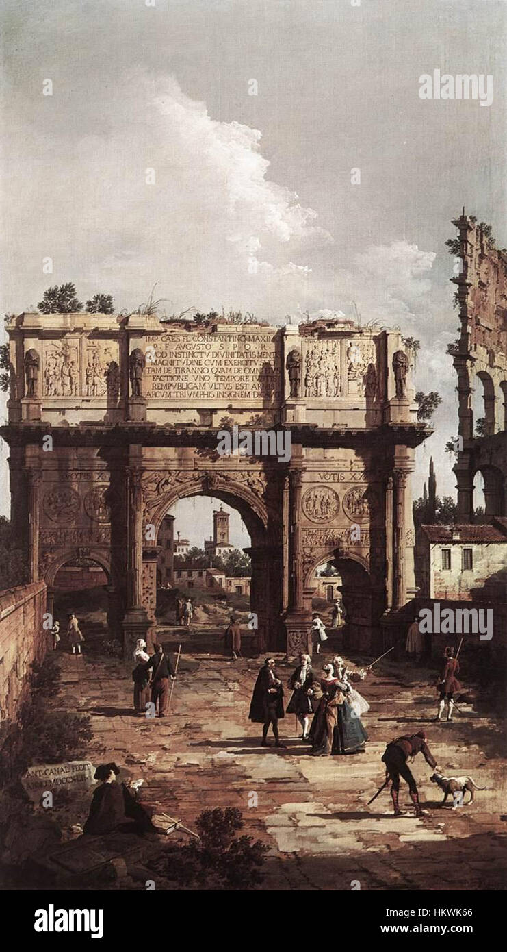 Giovanni Antonio canal, connu sous le nom de Canaletto, capture la grandeur de l'Arc de Constantin à Rome dans ce tableau du XVIIIe siècle. L'œuvre met en valeur l'habileté de Canaletto à représenter des monuments architecturaux, avec des détails complexes et un accent sur la lumière et l'ombre. Banque D'Images