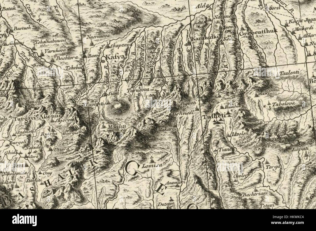 Cette carte de Giovanni Antonio Rizzi Zannoni, créée en 1774, représente la partie nord de l'Empire ottoman, en se concentrant sur la région de Géorgie. C'est un document cartographique historique important du XVIIIe siècle. Banque D'Images