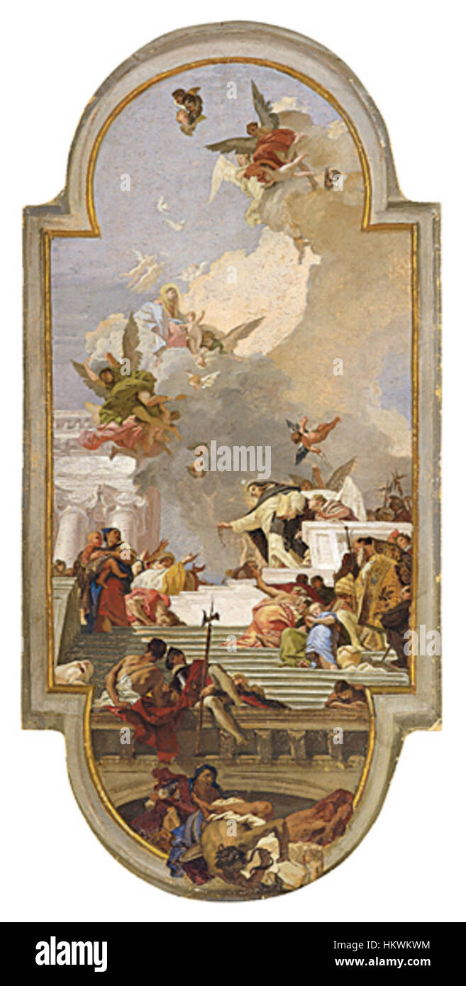 Gesellschaft im Freien de Giovanni Battista Tiepolo représente un rassemblement en plein air, montrant sa maîtrise dans la capture de la grandeur de la société aristocratique. La peinture met en valeur le style de vie somptueux et la dynamique sociale du XVIIIe siècle. Banque D'Images