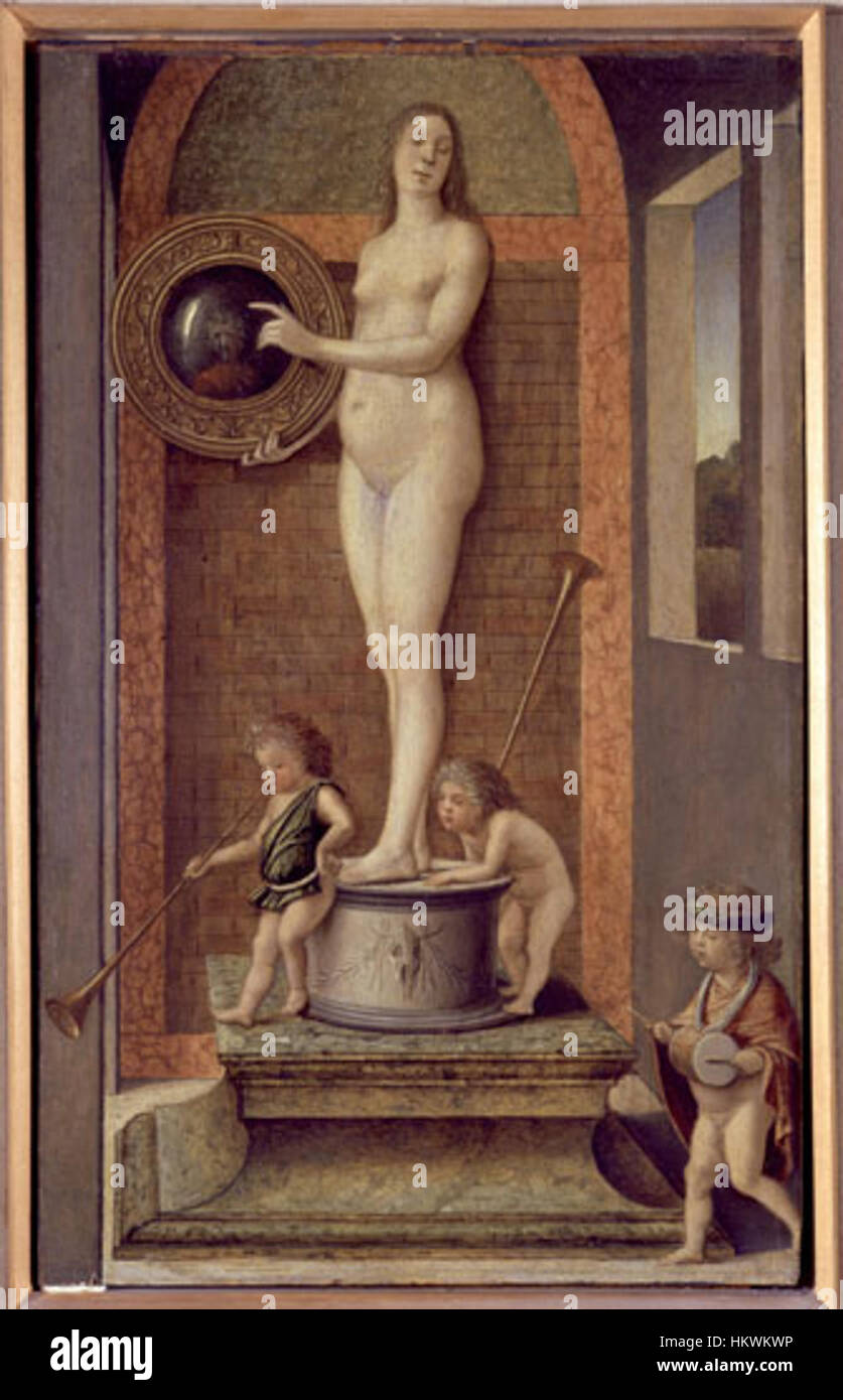 'Prudence' de Giovanni Bellini et Andrea Previtali est une peinture de la Renaissance symbolisant la vertu de la prudence. L'œuvre est connue pour sa représentation détaillée de cette figure allégorique, reflétant l'accent de la Renaissance sur les vertus et la philosophie morale. Banque D'Images