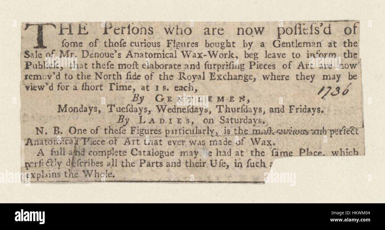 Cette nouvelle historique des bibliothèques Bodleian annonce l'affichage de cires anatomiques, mettant en valeur les progrès dans la compréhension de l'anatomie humaine. Les modèles en cire ont été utilisés aux XVIIIe et XIXe siècles pour éduquer les étudiants en médecine et le public sur le corps humain. Banque D'Images