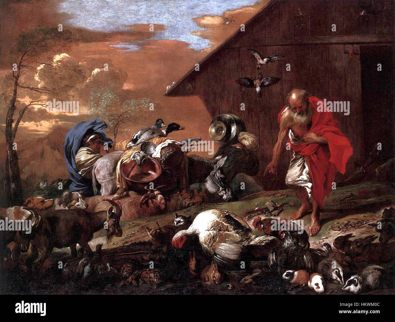 *Devant l'arche de Noé* de Giovanni Benedetto Castiglione dépeint la scène biblique de l'arche de Noé avec des détails complexes et une représentation émotive de figures et d'animaux. L'utilisation habile de la lumière et de l'ombre par Castiglione renforce l'impact dramatique de la scène. Banque D'Images *Devant l'arche de Noé* de Giovanni Benedetto Castiglione dépeint la scène biblique de l'arche de Noé avec des détails complexes et une représentation émotive de figures et d'animaux. L'utilisation habile de la lumière et de l'ombre par Castiglione renforce l'impact dramatique de la scène. Banque D'Images