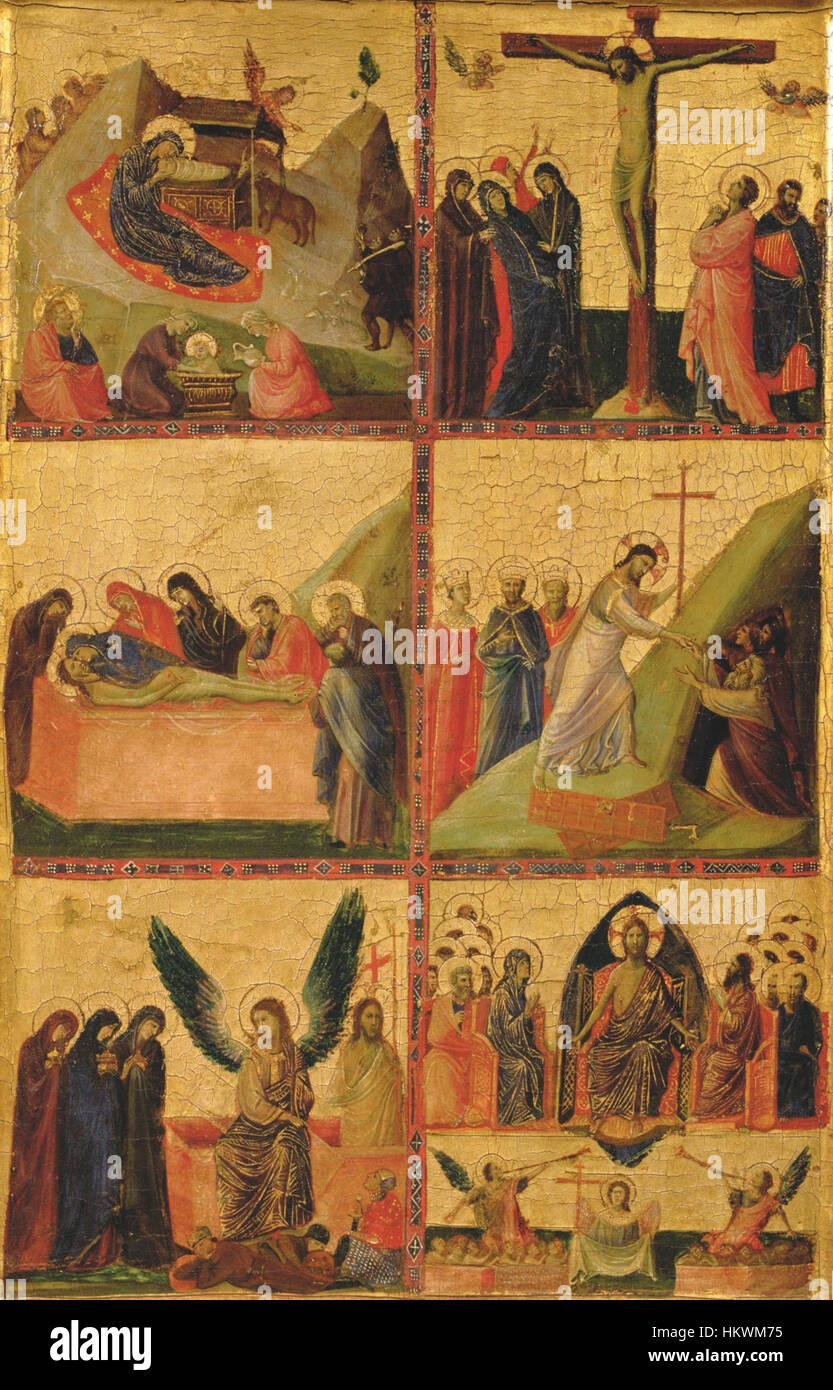 La série « histoires de la vie du Christ » de Giovanni da Rimini comprend des événements bibliques clés tels que The Agony in the Garden, Crucifixion, Deposition, et Noli me Tangere, représentés dans un style doré détaillé typique de l'italien du début de la Renaissance Banque D'Images