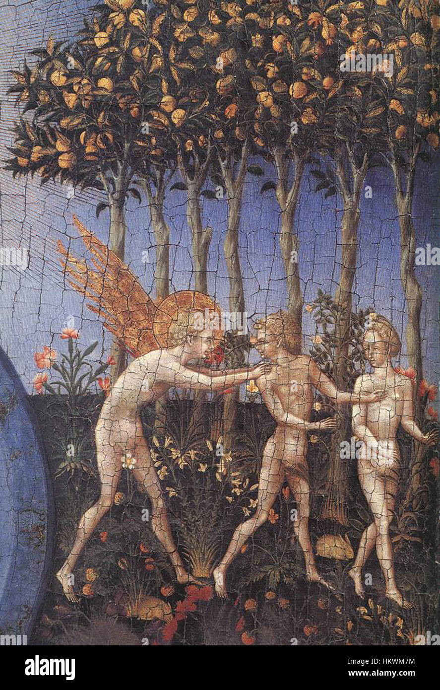 La "Création et l'Expulsion du Paradis" de Giovanni di Paolo est une peinture italienne du XVe siècle présentant des événements bibliques clés de l'histoire de la Genèse, y compris la création du monde et l'expulsion d'Adam et Ève d'Éden, typique de l'utilisation des couleurs et des figures détaillées par l'artiste pour donner vie au récit religieux. Giovanni di Paolo était un artiste de la Renaissance connu pour son travail dans la scène artistique italienne. Banque D'Images