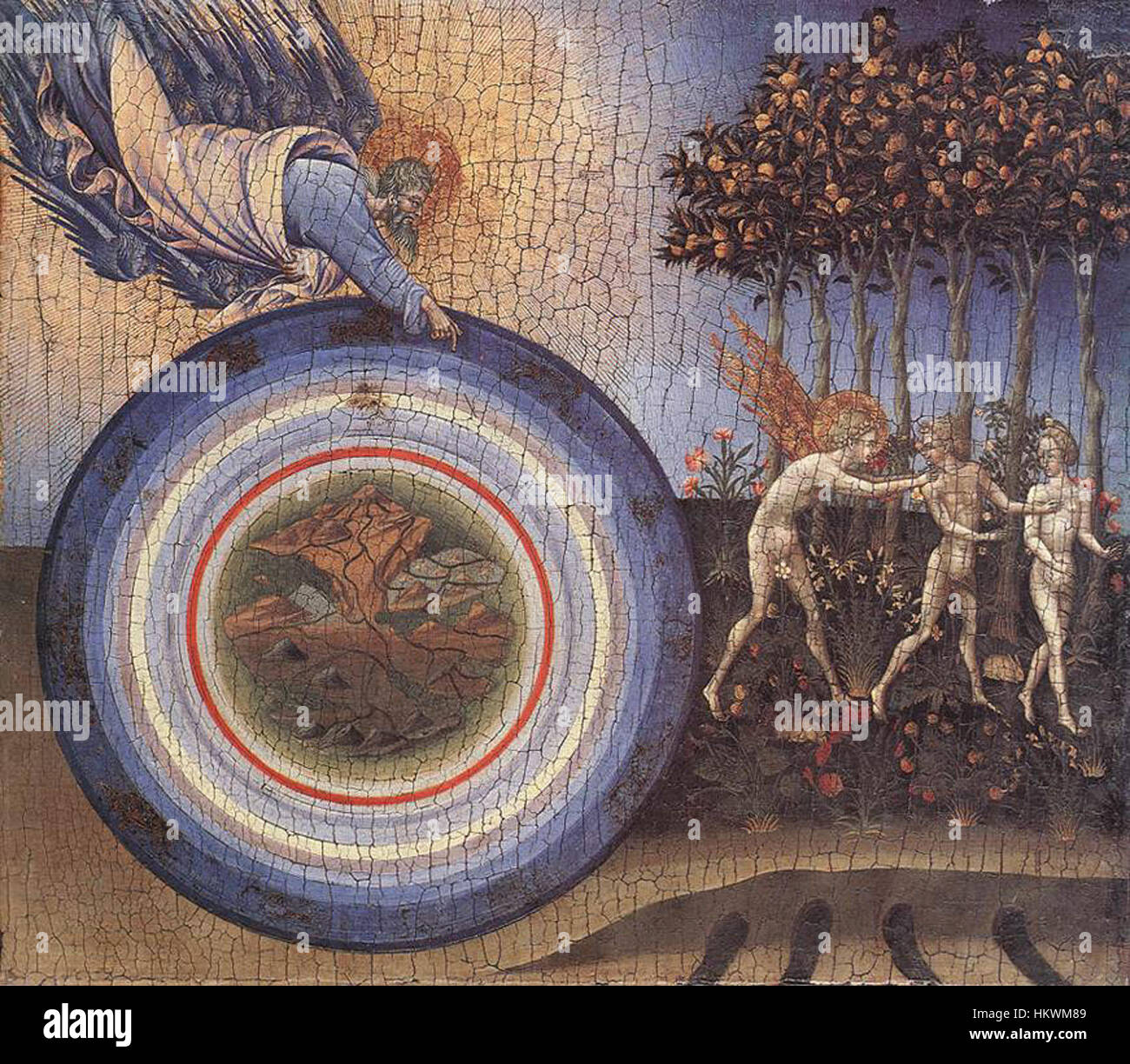 La peinture de Giovanni di Paolo intitulée « Création et Expulsion du Paradis » est une œuvre de la Renaissance présentant des événements bibliques, notamment la création du monde et l'expulsion d'Adam et Ève du Paradis, typique de l'art religieux de la Renaissance italienne. Banque D'Images