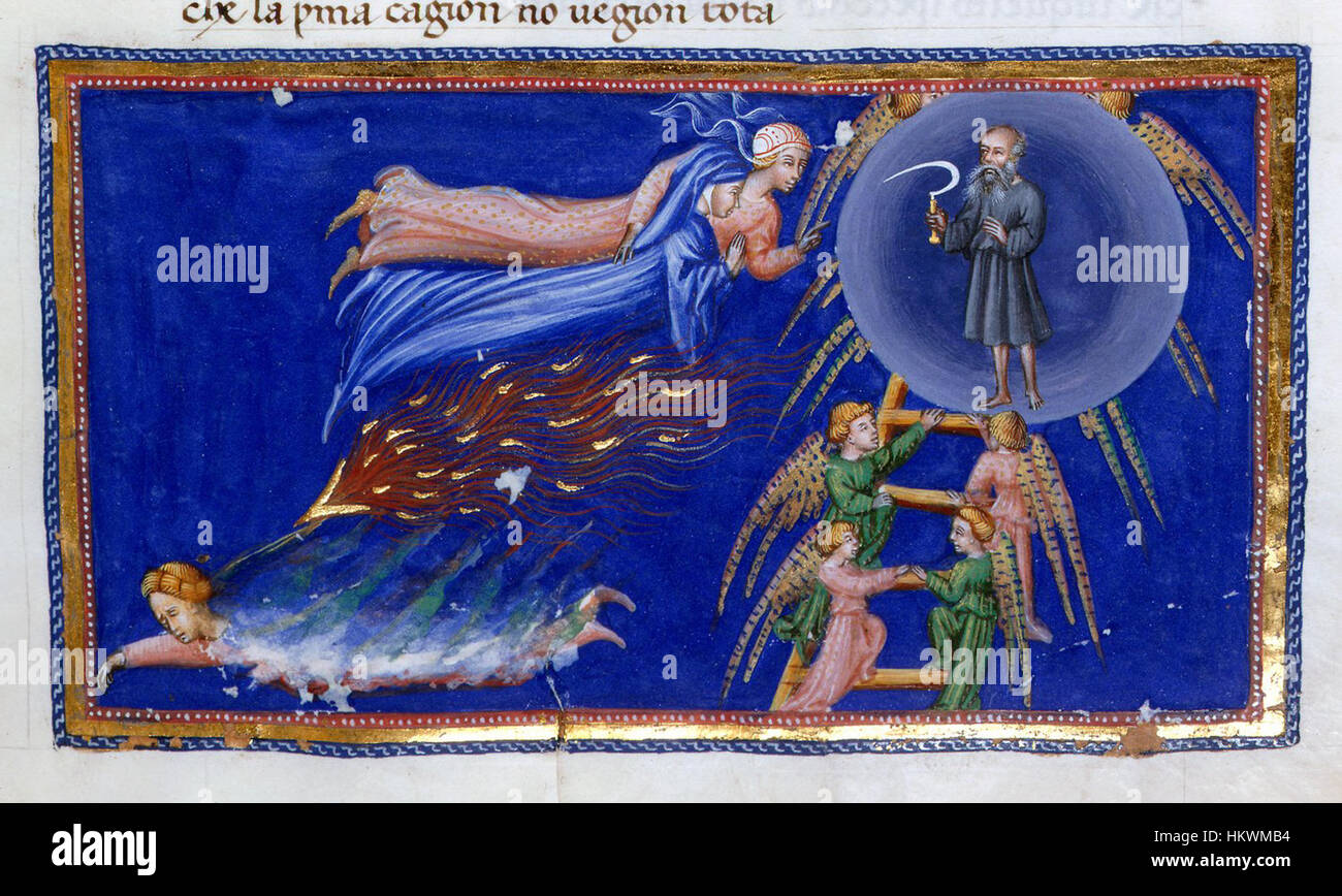 Paradiso 37 : Cielo di Saturno de Giovanni di Paolo illustre Saturno dans les cieux, reflétant l’interprétation de l’ordre divin par l’artiste. La pièce présente des couleurs riches et une iconographie détaillée typique de ses œuvres du début de la Renaissance, se concentrant sur les thèmes célestes et le cosmos. Banque D'Images