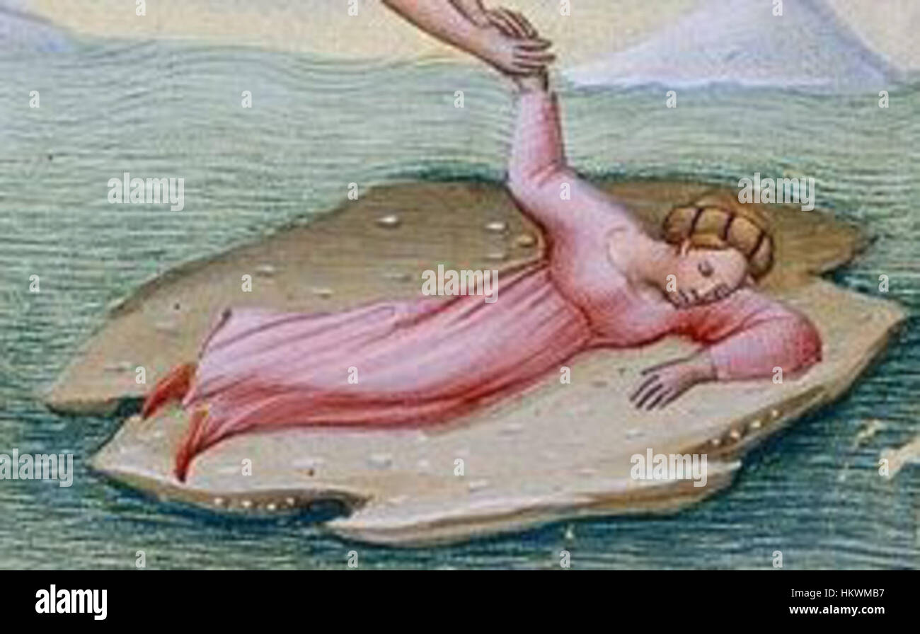 Ce détail du Paradiso de Giovanni di Paolo dépeint l'histoire mythologique de Thésée et Ariane, en se concentrant sur leur moment dramatique de connexion. L’œuvre du peintre italien du XVe siècle reflète l’usage symbolique de l’époque des figures mythologiques dans les religieux fermés Banque D'Images