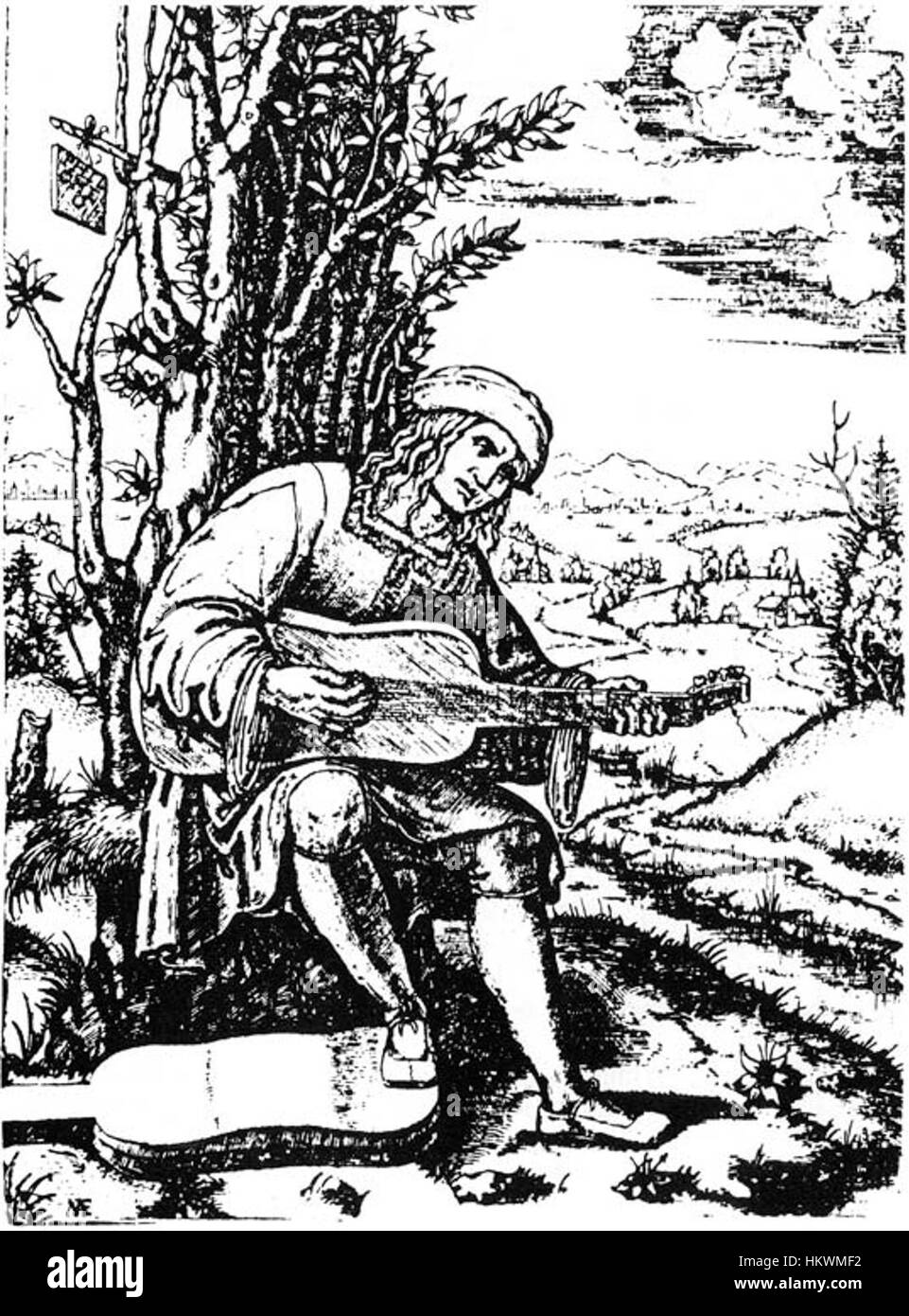 Gravure de 1510 de Marcantonio Raimondi représentant Giovanni Filoteo Achillini, médecin et philosophe italien. La gravure détaillée de Raimondi capture la ressemblance d’Achillini, offrant un aperçu des techniques artistiques et du portrait du début de la Renaissance. Banque D'Images