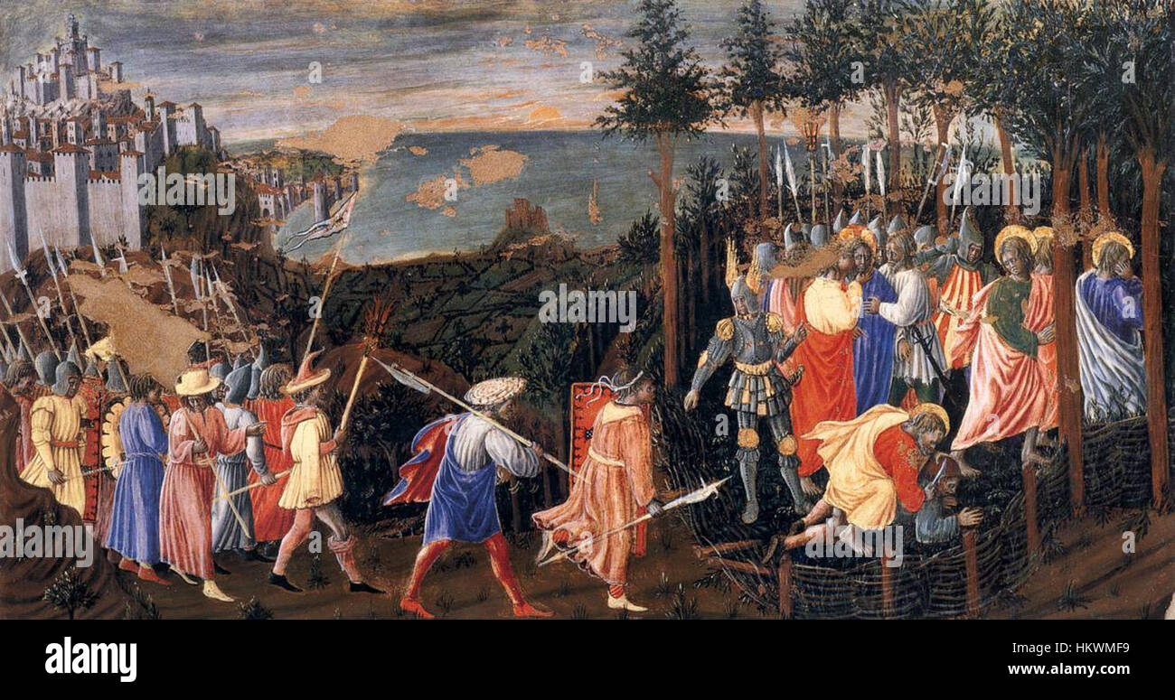 « L’arrestation du Christ » de Giovanni di Piermatteo Boccati représente la scène biblique de l’arrestation du Christ dans le jardin de Gethsémani. La peinture se concentre sur le moment dramatique, capturant les émotions et les actions des personnages impliqués dans cet événement pivot de l’histoire chrétienne. Banque D'Images