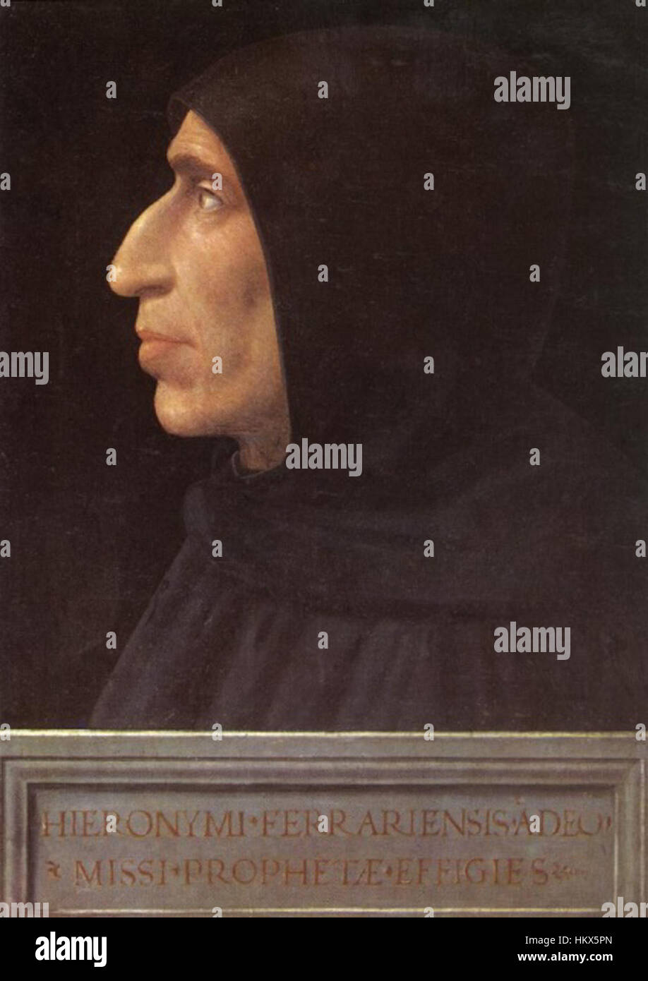 Une représentation de Girolamo Savonarola, le frère dominicain italien et prédicateur connu pour ses sermons radicaux contre l'art et la culture séculiers pendant la Renaissance. Son influence est importante à Florence, où il est exécuté en 1498. Banque D'Images