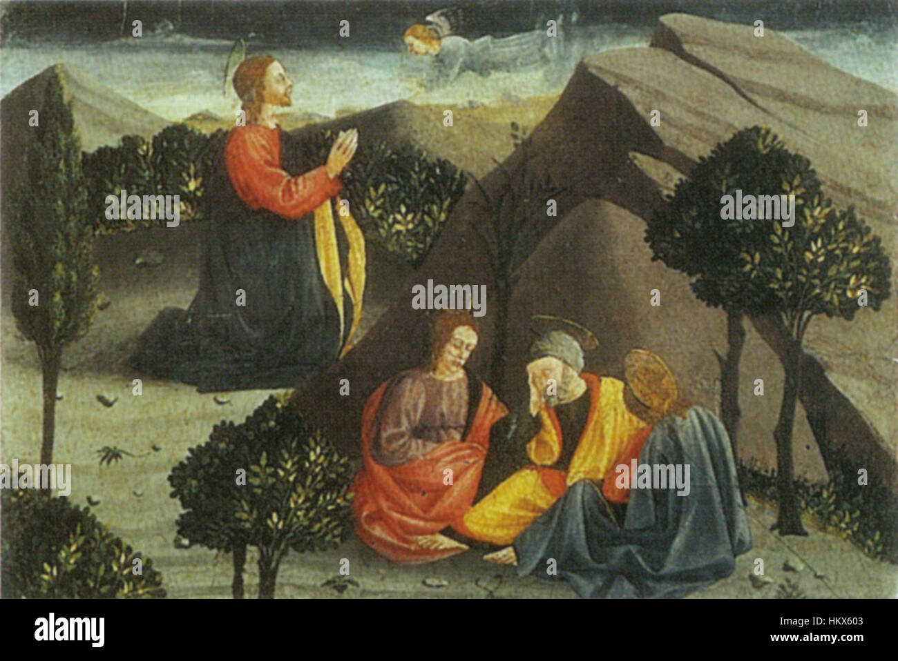 Une peinture à l'huile de Giuliano Amidei, représentant la scène biblique de la prière du Christ dans le jardin de Gethsémani. La pièce capture une ambiance sombre et réfléchie, caractéristique de l'art religieux baroque, avec une attention à la lumière et à l'ombre. Banque D'Images