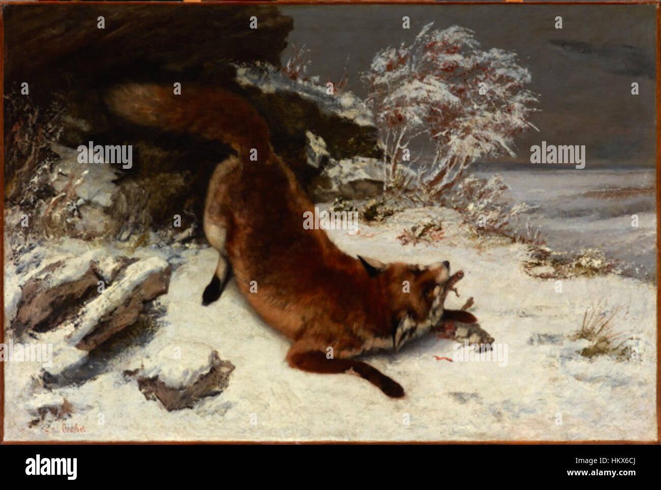 'Renard dans la neige' de Gustave Courbet est un paysage hivernal avec un renard dans un environnement enneigé. Connu pour ses représentations réalistes de la nature, Courbet utilise des coups de pinceau épais pour créer une scène texturée et atmosphérique qui capture la rudesse de l'hiver. Banque D'Images