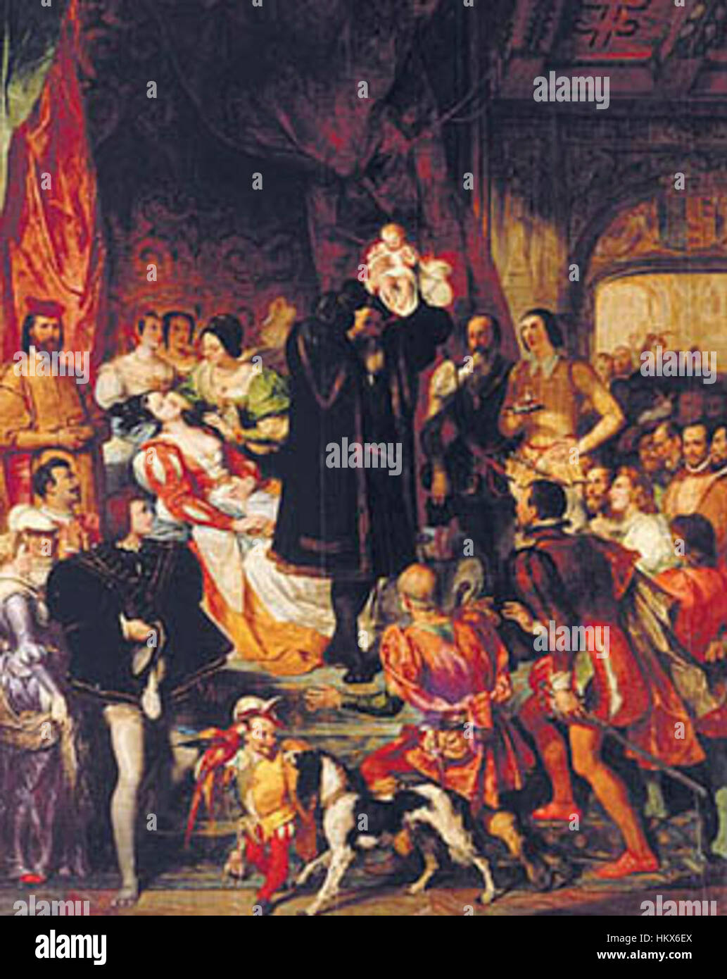 Ce tableau représente la naissance du roi Heinrich IV de France, capturant un moment important de l'histoire royale française. L'œuvre reflète l'art historique de la période, mettant en valeur l'importance de la monarchie. Banque D'Images