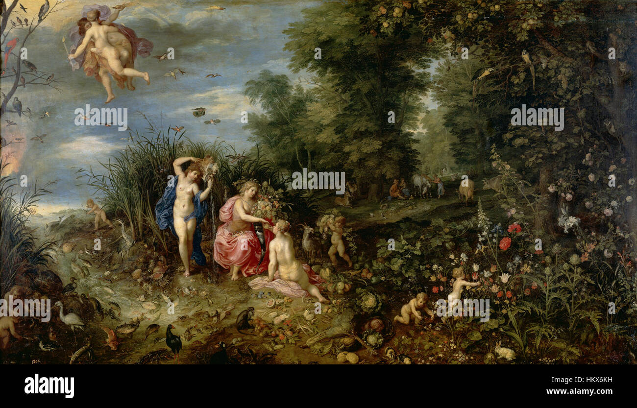 Cette peinture de Jan Brueghel I et Hendrick van Balen, intitulée « L’abondance et les quatre éléments », explore les thèmes de la générosité de la nature et le concept classique des quatre éléments : la terre, l’air, le feu et l’eau. Les artistes utilisent des détails riches et des couleurs vibrantes pour représenter l'harmonie de ces forces naturelles dans un cadre allégorique. Banque D'Images