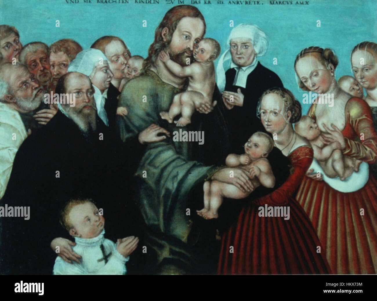 Christ bénissant les enfants, une peinture de l’atelier de Lucas Cranach le Jeune, un artiste de la Renaissance allemande, présentant une scène du Christ bénissant les enfants d’une manière compatissante. Banque D'Images