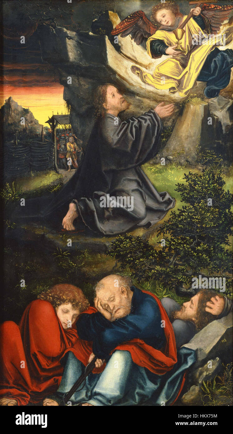 Le jardin de Gethsémani de Lucas Cranach l'ancien représente le moment de la prière du Christ dans le jardin, une scène riche en symbolisme biblique. Le style caractéristique de Cranach mêle paysage détaillé et iconographie religieuse, typique de son œuvre de la Renaissance. Banque D'Images