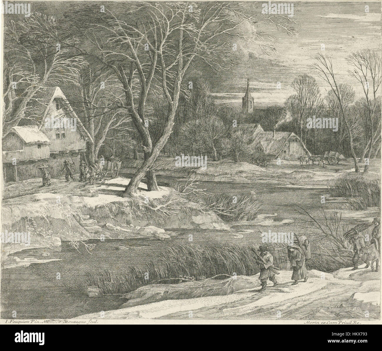 « Paysage d'hiver avec vue sur un village » de Matthieu van Plattenberg capture une scène sereine et pittoresque, mettant en valeur la beauté tranquille d'un village enneigé. L'œuvre illustre la peinture de paysage détaillée et les scènes d'hiver. Banque D'Images