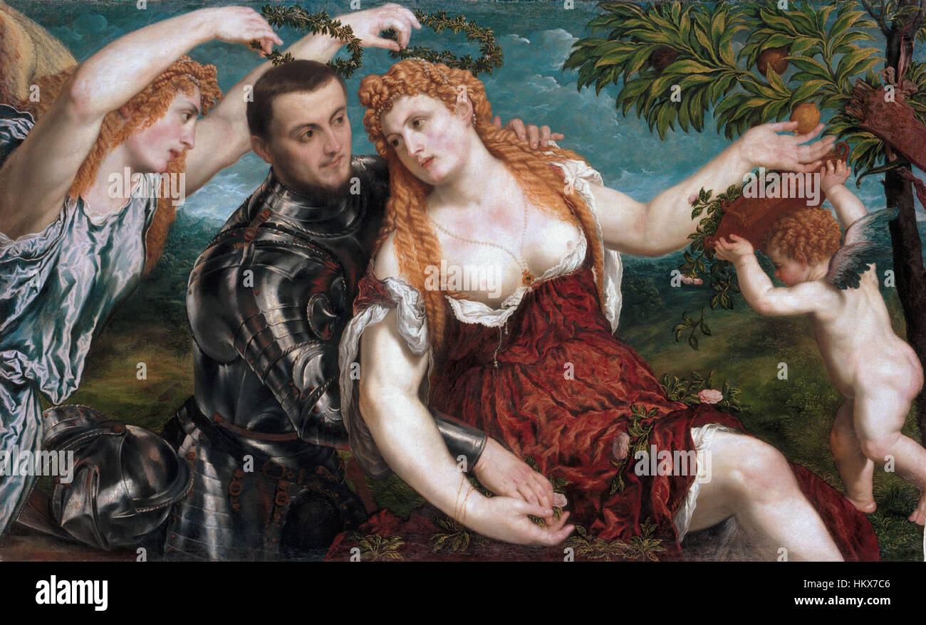 « Allegory with Lovers » de Paris Bordone capture les émotions tendres et la représentation symbolique de l'amour. Le tableau représente des amoureux entrelacés dans une scène riche en sens allégorique, typique de la Renaissance couverte Banque D'Images