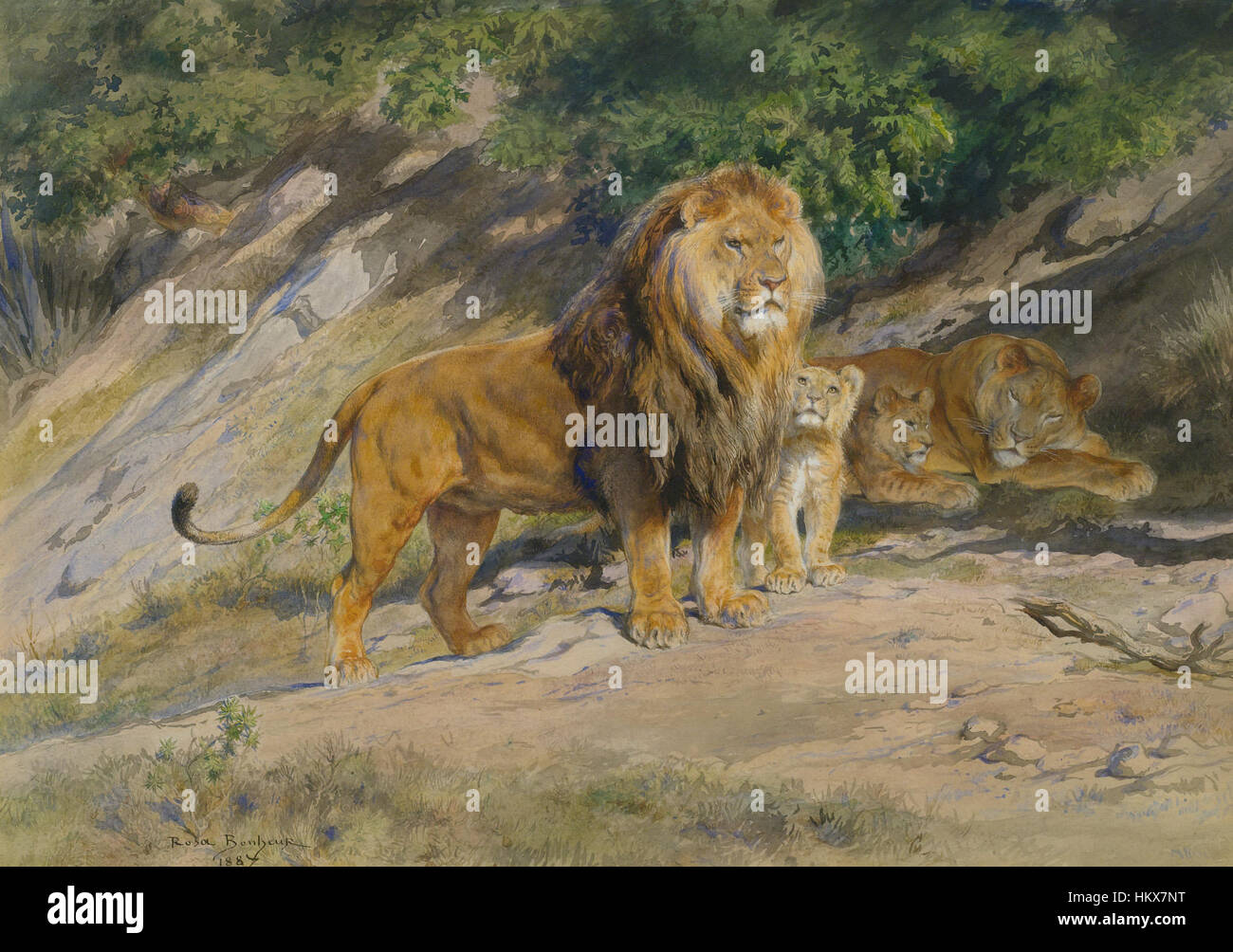 Le tableau de Rosa bonheur de 1887 « les montres du roi » représente une figure royale observant une scène impliquant des animaux, mettant en valeur le talent renommé de bonheur dans la représentation des animaux et sa maîtrise de la vie royale et du comportement des animaux. Banque D'Images