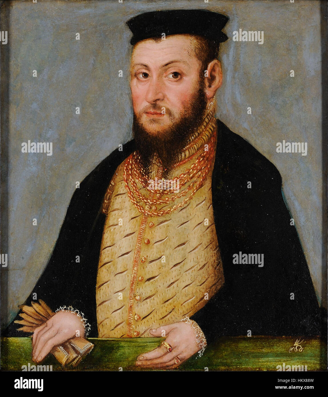 Le portrait de Sigismundus Augustus, un roi polonais, attribué à l'atelier de Lucas Cranach le Jeune, un peintre de la Renaissance allemande, dans ses régalias royales. Banque D'Images
