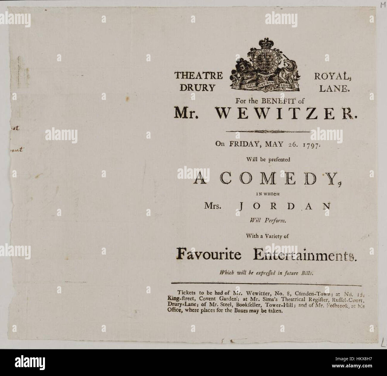 Le playbill du Drury Lane Theatre daté du 26 mai 1797 annonce une performance comique. Il reflète l'atmosphère culturelle de la fin du XVIIIe siècle à Londres et l'importance du théâtre à cette époque. Banque D'Images