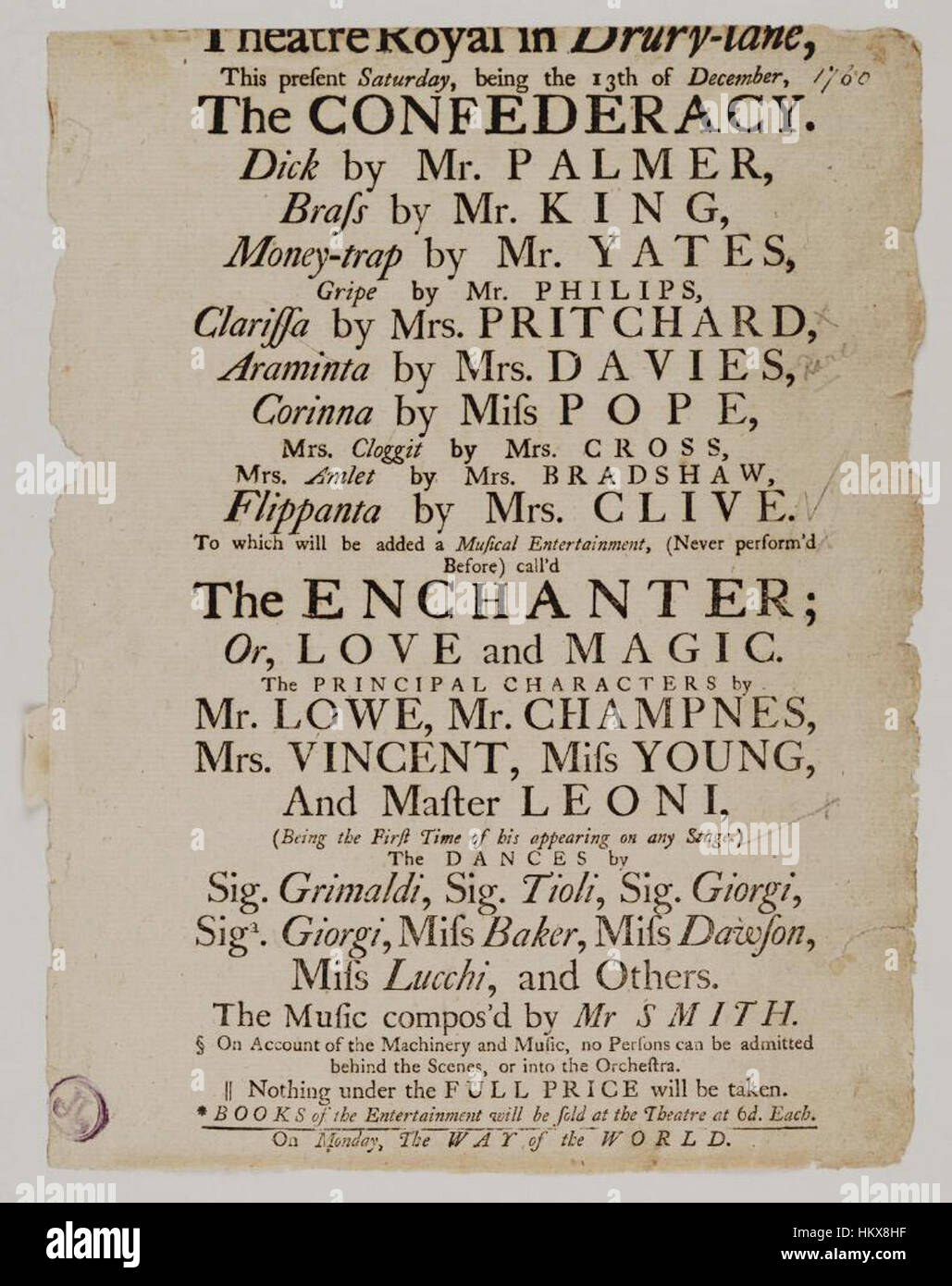 Les bibliothèques Bodleian, Playbill de Drury Lane Theatre, samedi, soit le 13 décembre 1760, annonçant la confédération &c. Banque D'Images